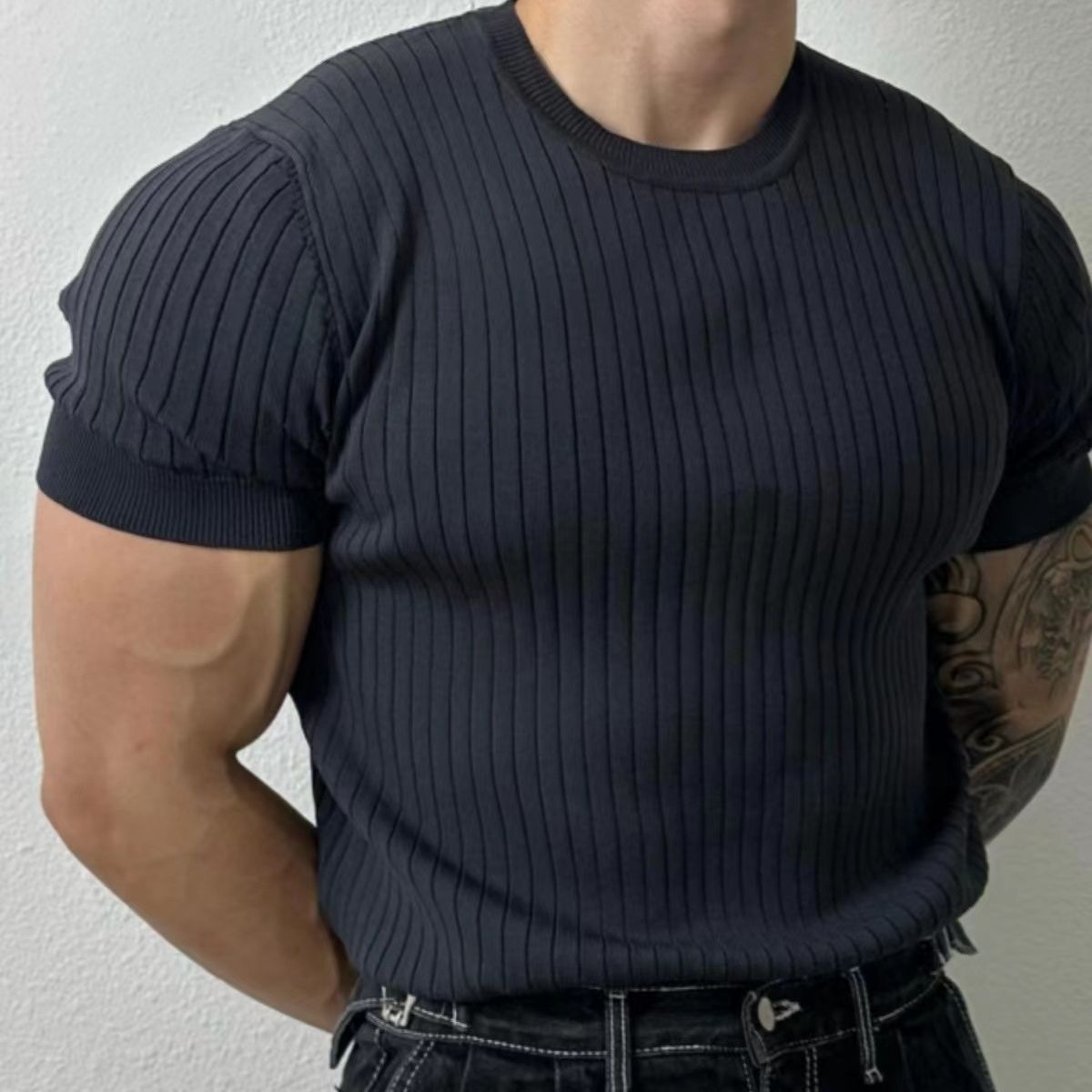 Solid Color Printing Knitted Half Sleeve Top - Magnoir | Premium Men's Fashion